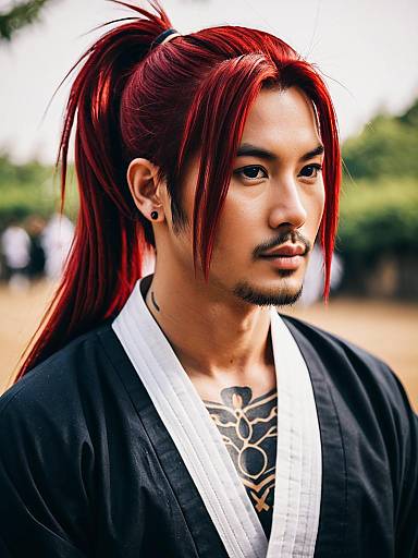 Abarai Renji Inspired Man with Red Hair in Martial Arts Uniform
