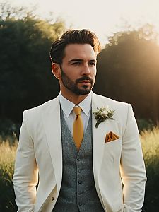 Man in Summer Wedding Outfit with White Blazer and Mustard Tie Cinematic Realism