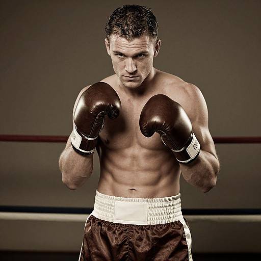 Male Boxer in Fighting Stance with Brown Gloves in Boxing Ring
