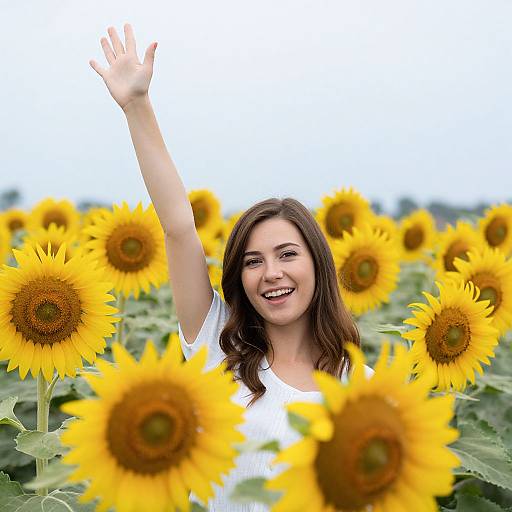 Happy Woman Waving in Bright Sunflower Field