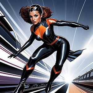 Confident woman in futuristic outfit in action pose