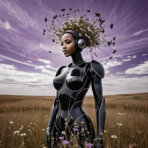 Futuristic Woman Android with Floral Headpiece in Field