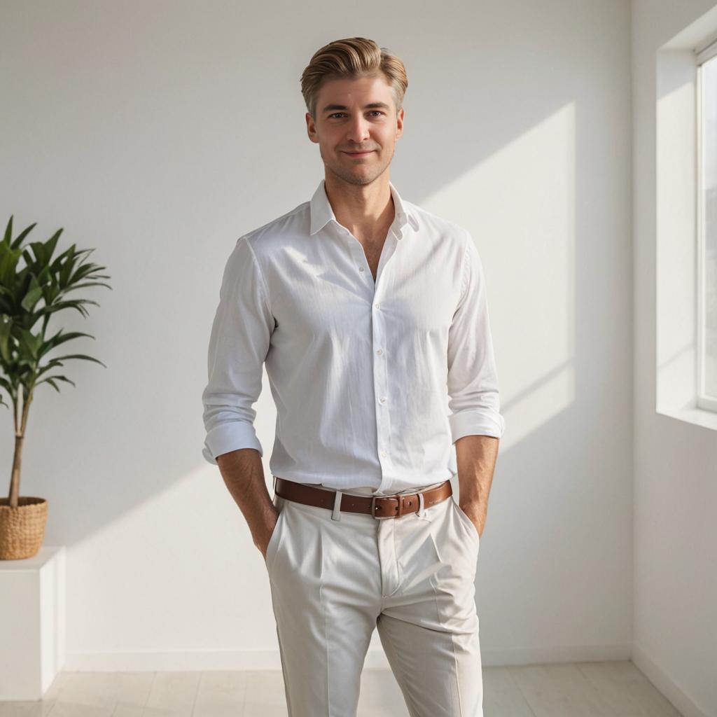 Confident man in casual-chic style in sunlit room