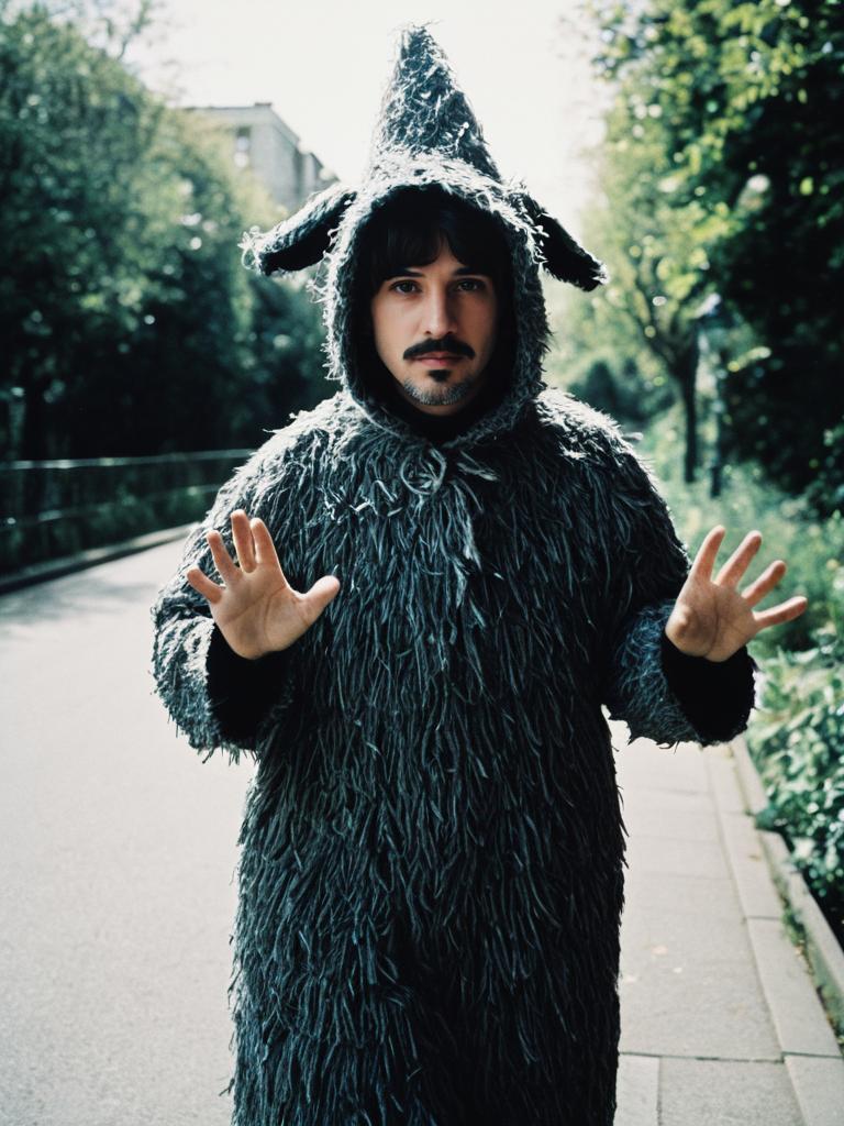 Man in Photorealistic Totoro Costume Outdoor Portrait Daylight Man in Photorealistic Totoro Costume Outdoor Portrait Daylight
