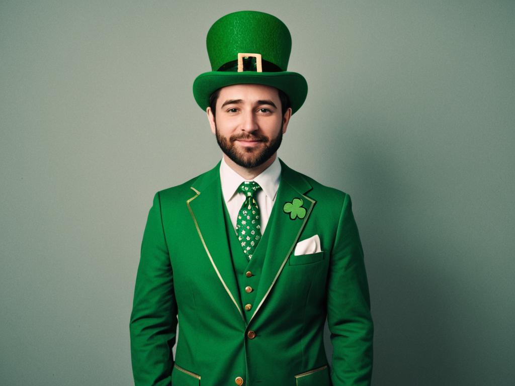 Man in Green Leprechaun Costume with Hat and Shamrock Tie