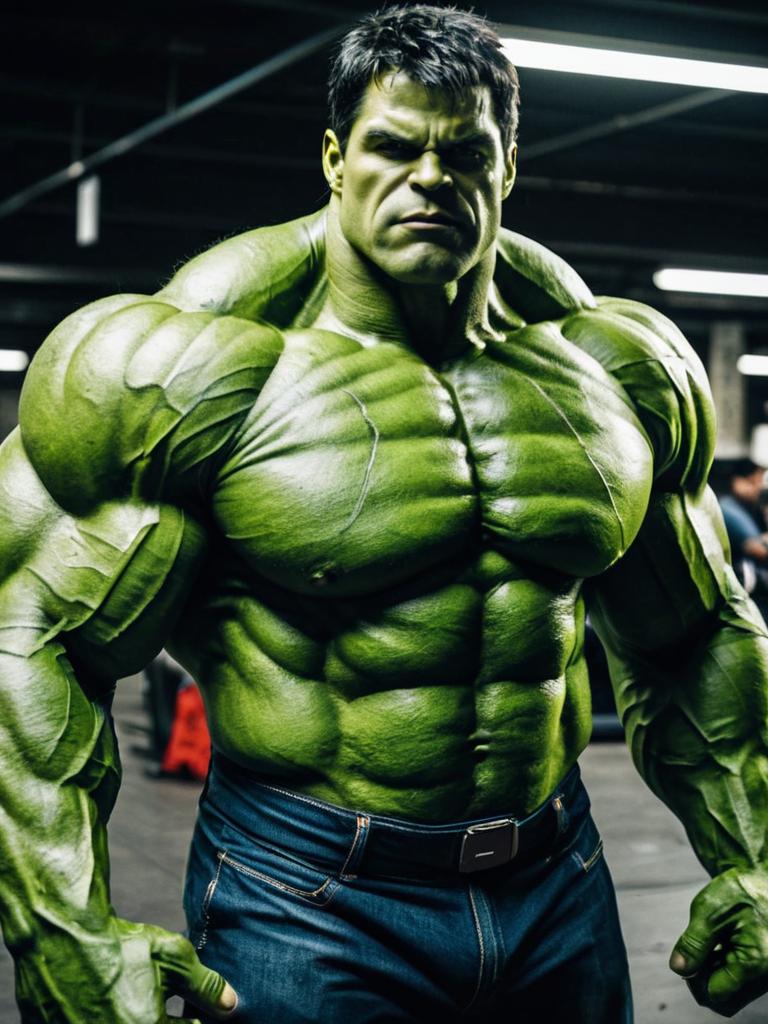 Photorealistic Muscular Hulk Costume Man Cosplay Portrait