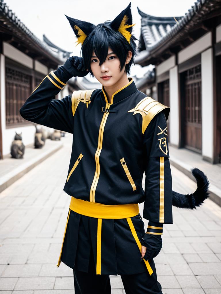 Arknights Cosplay Featuring Cat Ears and Tail in Traditional Setting
