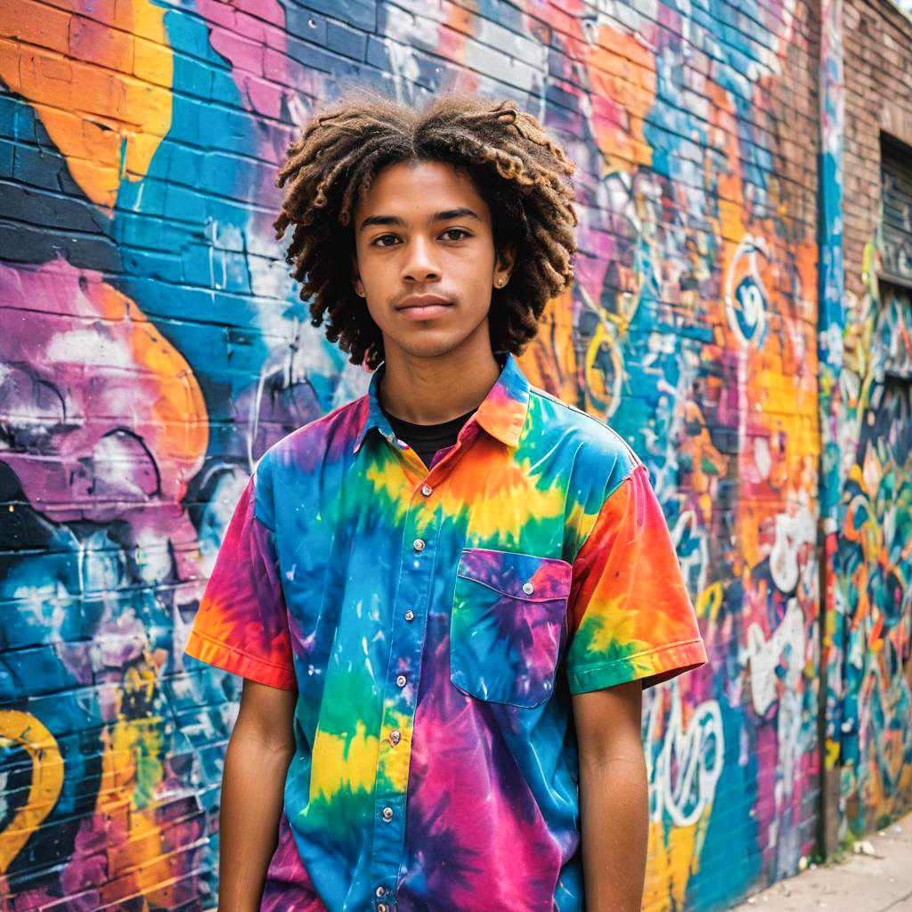 Young Man in Tie-Dye Shirt Against Graffiti Wall