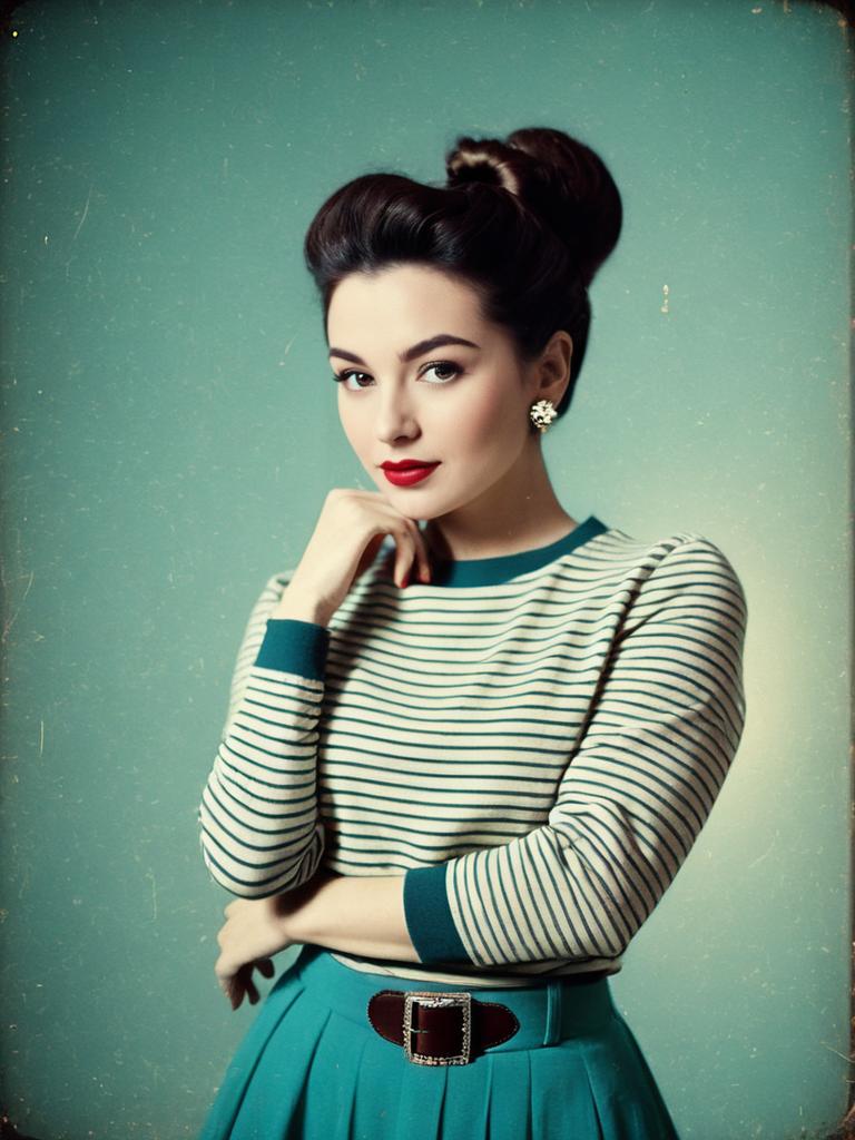 Woman in Casual Sporty Cropped Long Sleeve Striped Top and Teal Skirt