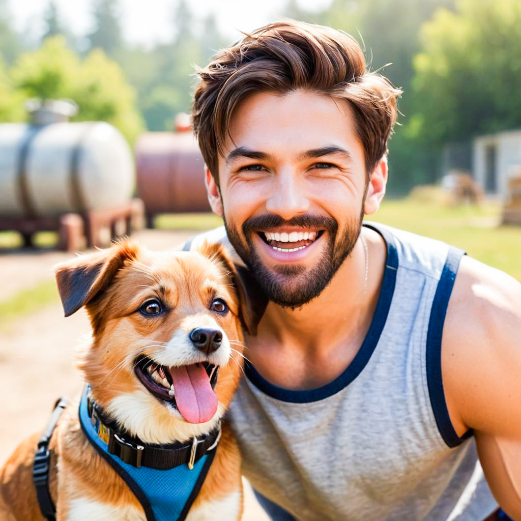 Cheerful man with dog outdoors