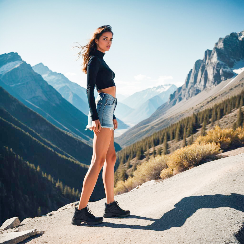 Stylish Woman on Rocky Terrain with Mountain Background