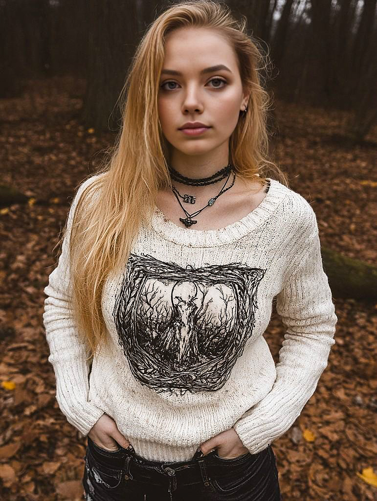 Woman in Cozy Knit Sweater in Serene Forest