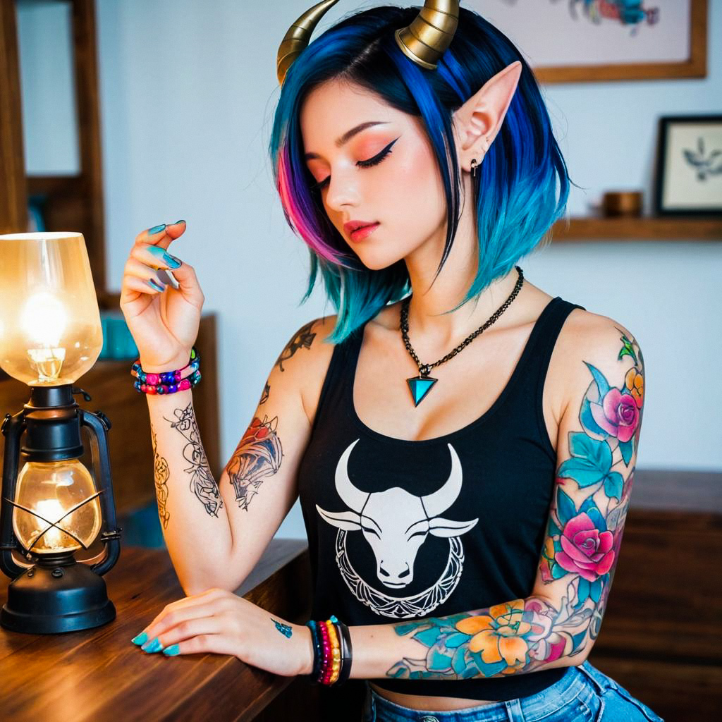 Young Woman with Blue-Pink Hair and Fantasy Horns Young Woman with Blue-Pink Hair and Fantasy Horns