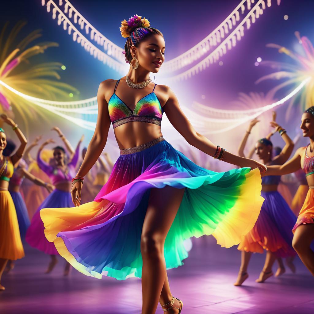 Woman Dancing in Rainbow Skirt at Vibrant Celebration