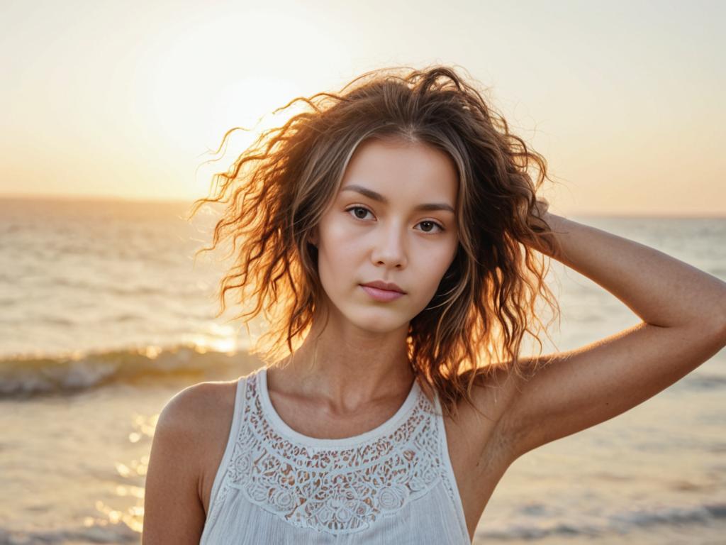 Woman in White Lace Top at Beach Sunset