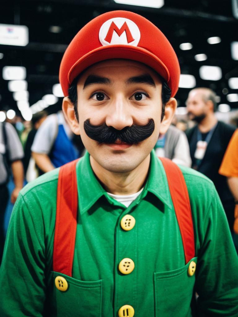 Man in Mario Luigi Costume with Red Cap and Mustache at Gaming Event