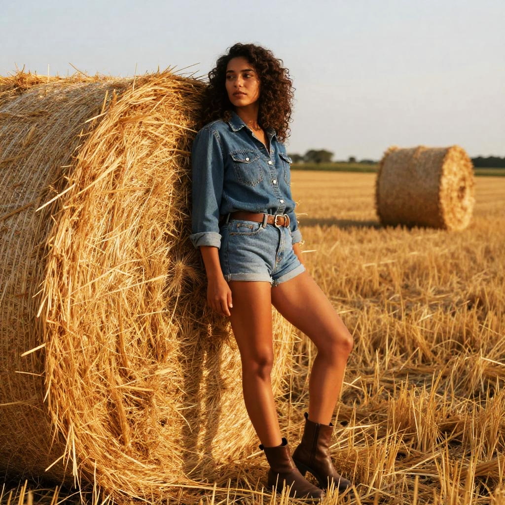 Young Woman in Denim Outfit Leaning on Hay Bale in Golden Field