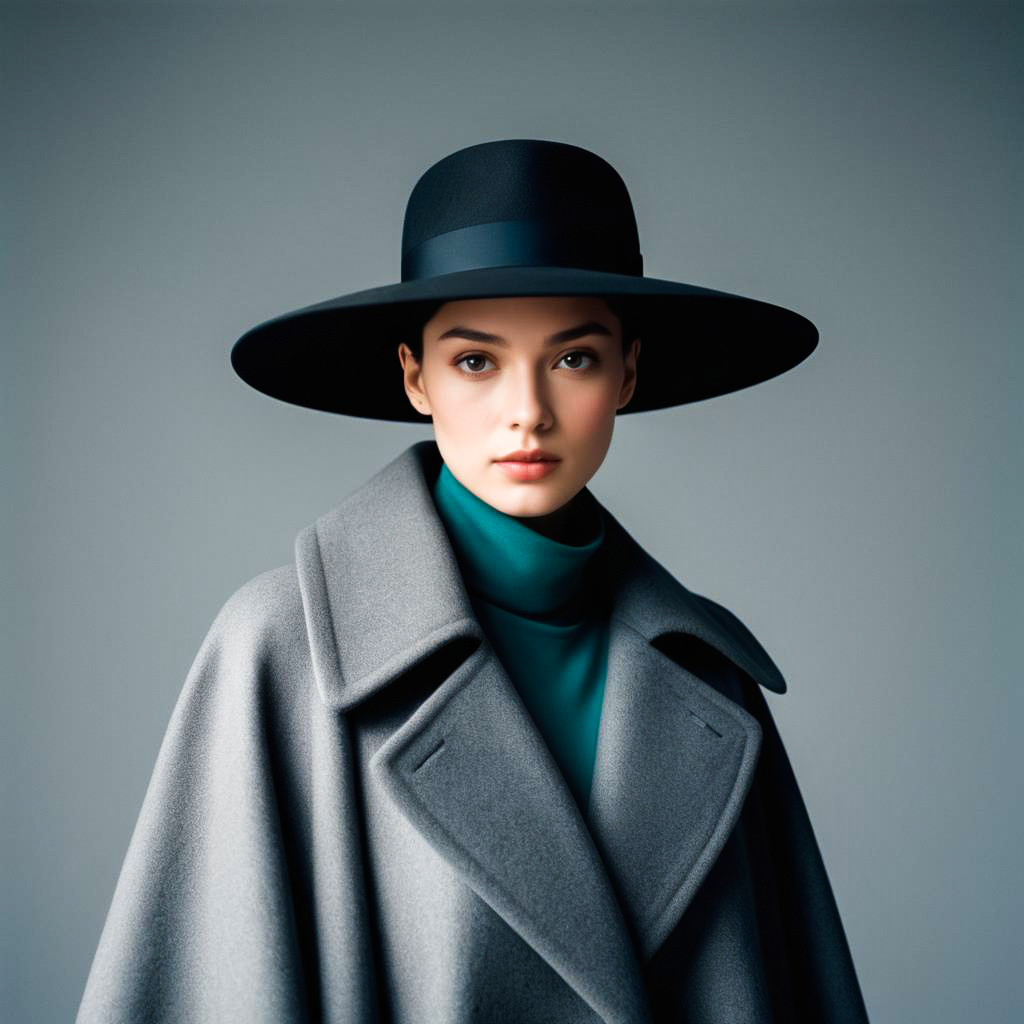 Elegant Woman in Gray Coat and Black Hat