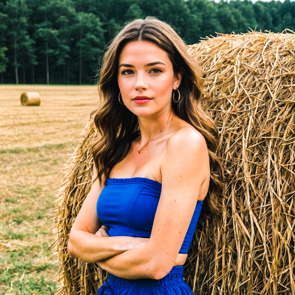 Confident Woman by Haystack in Blue Outfit