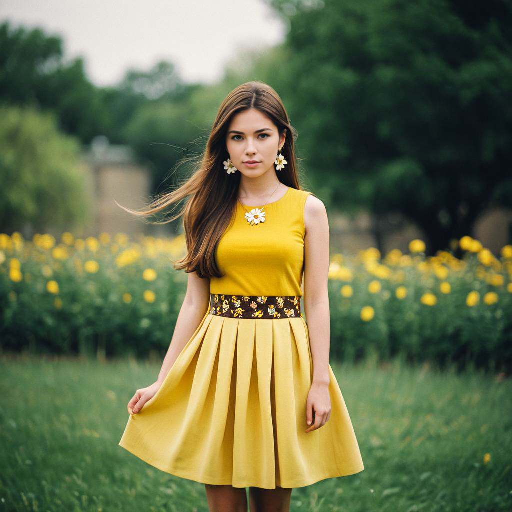 Young Woman in Yellow Dress in Flower Garden
