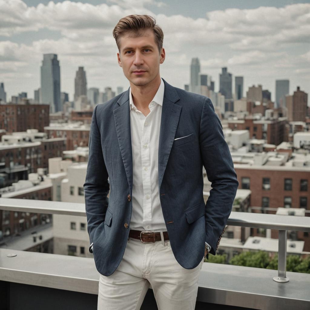 Stylish man in blue blazer on city rooftop