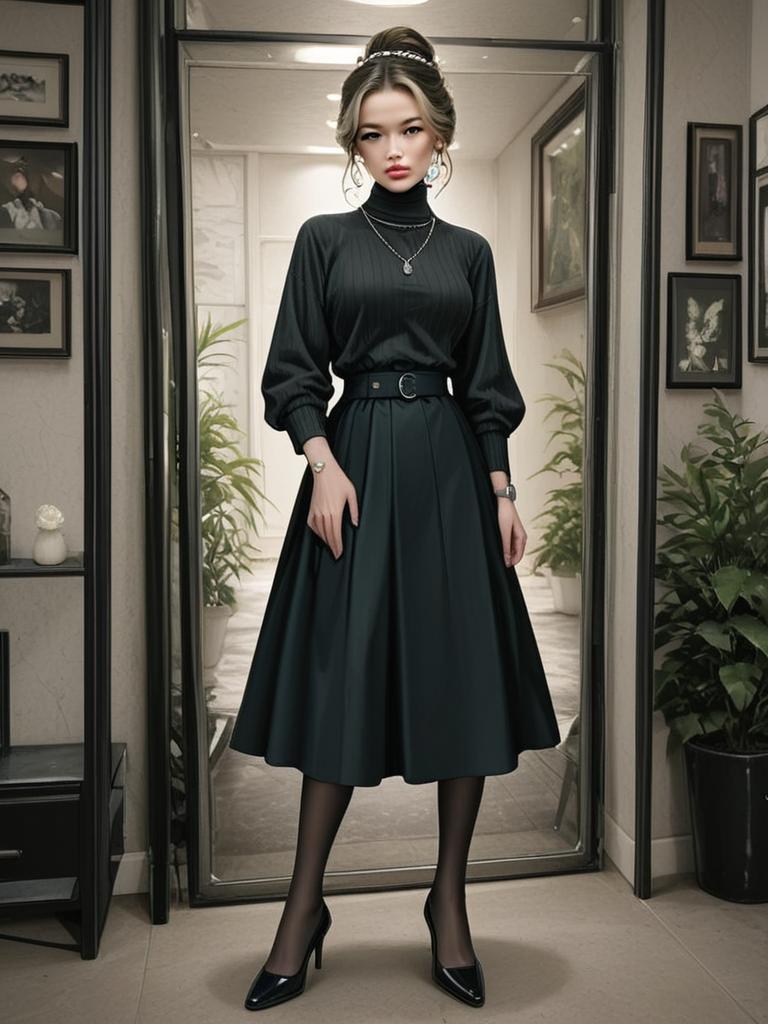 Elegant Woman in Black Ribbed Turtleneck and A-Line Skirt Full Body Portrait