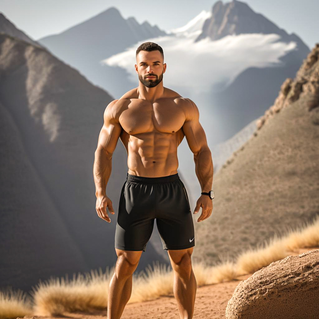 Muscular Man in Mountainous Landscape