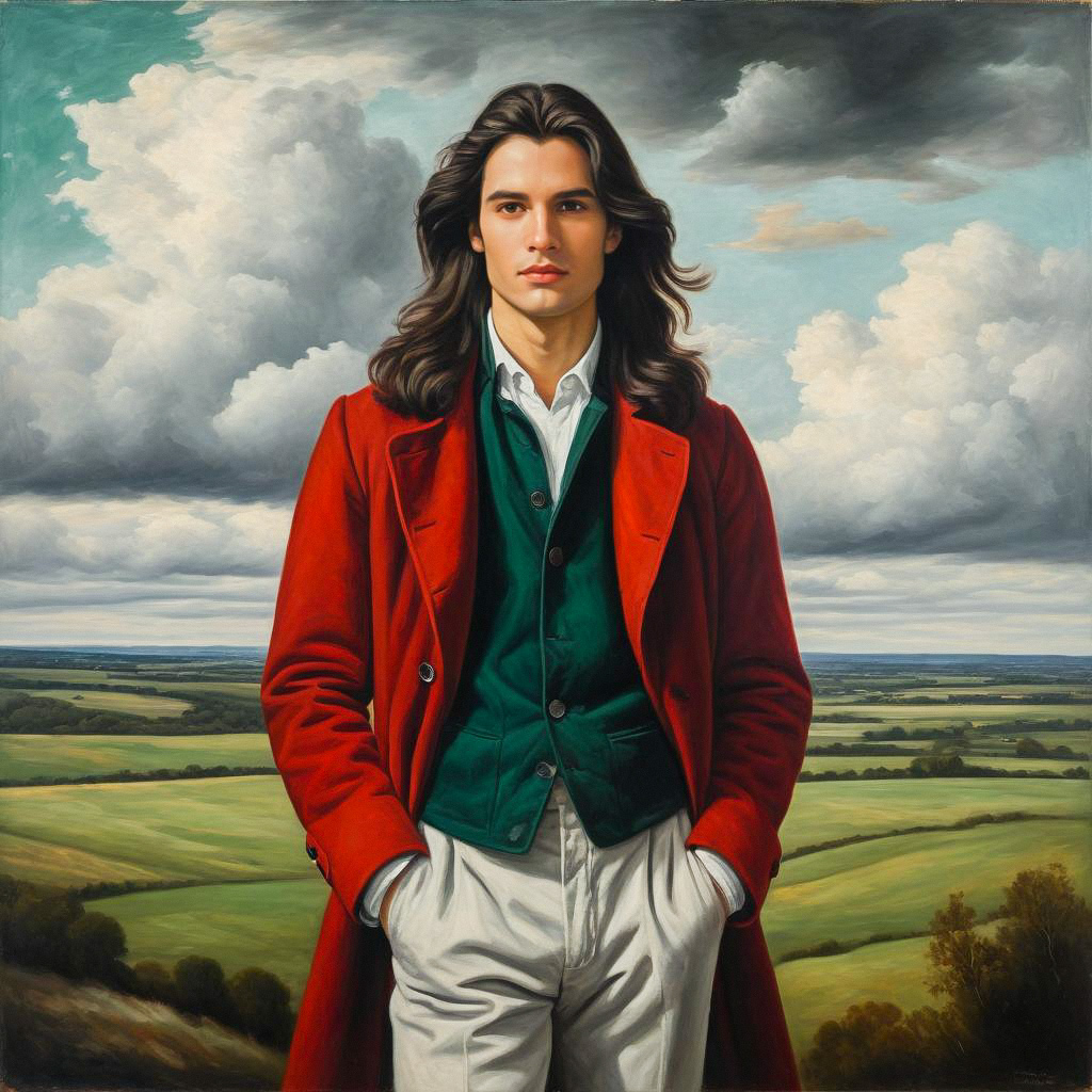 Young Man in Red Coat Against Countryside Sky Young Man in Red Coat Against Countryside Sky