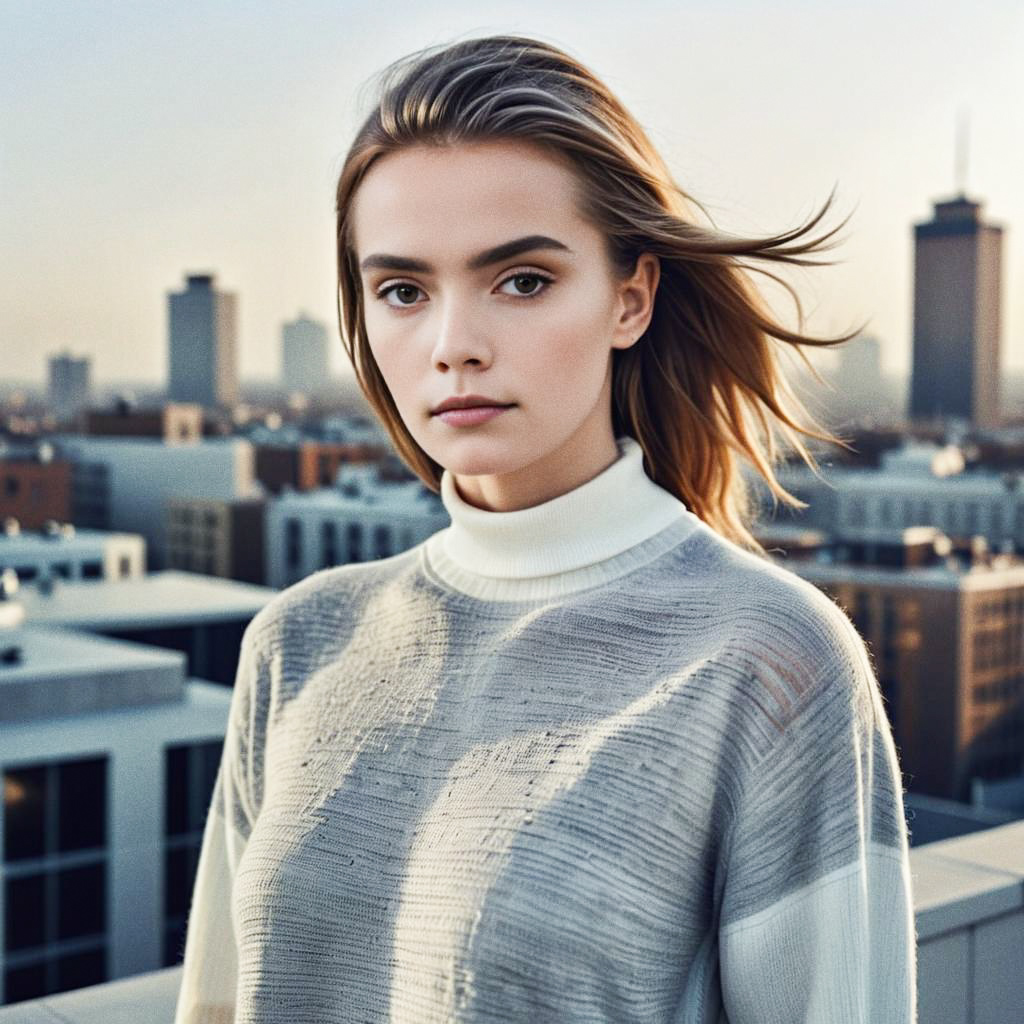 Serene Young Woman on Rooftop with Cityscape