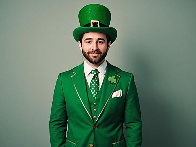 Man in Green Leprechaun Costume with Hat and Shamrock Tie