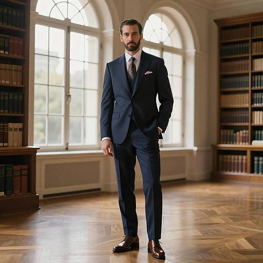 Man in Tailored Navy Suit Standing in Classic Library