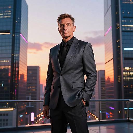 Confident Man in Dark Suit on Rooftop with Urban Sunset Background