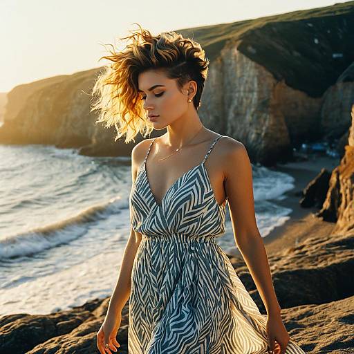 Woman in Patterned Dress on Rocky Coastline at Sunset