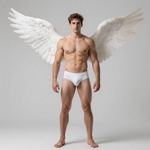 Muscular Man with White Angel Wings in Minimalist Setting