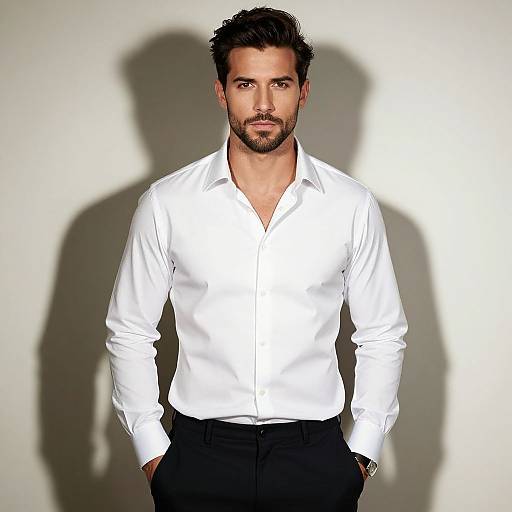 Stylish Man in White Dress Shirt and Black Pants with Shadow Background