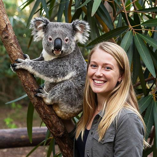 Smiling Woman with Koala on Eucalyptus Tree in Natural Setting