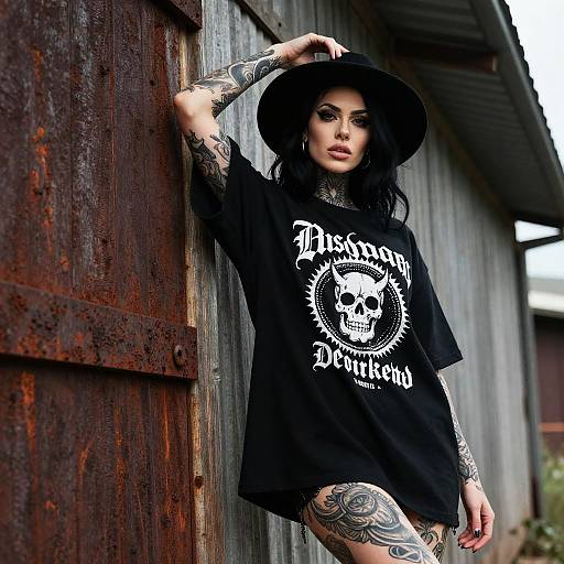 Tattooed Woman in Black Skull Graphic T-Shirt and Hat by Rustic Wall