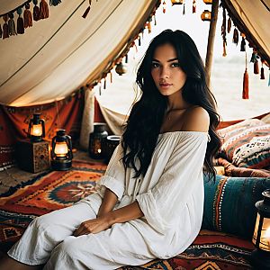 Woman in Bohemian Tent with Lanterns