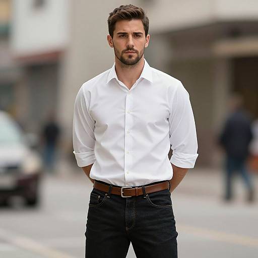 Confident Man Wearing White Shirt and Dark Jeans in Urban Setting