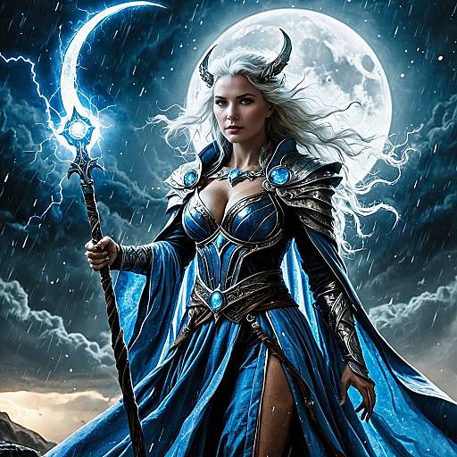 Epic Fantasy Woman Wizard with Lightning Staff Under Full Moon