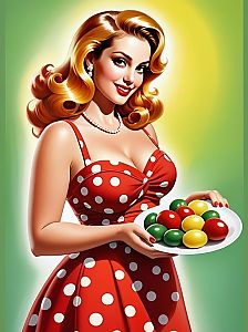 Retro Woman in Red Polka Dot Dress with Candies