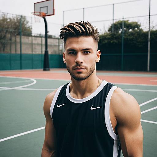 Athletic Young Man on Outdoor Basketball Court Wearing Nike Tank Top