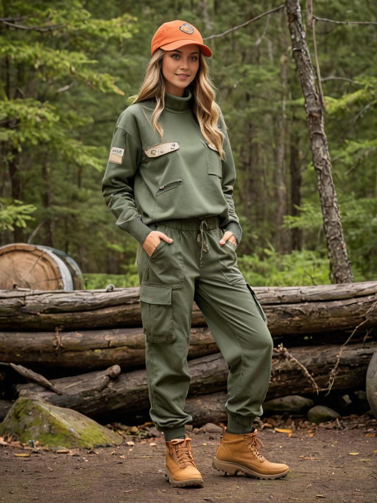 Confident Woman in Olive Green Jumpsuit in Forest