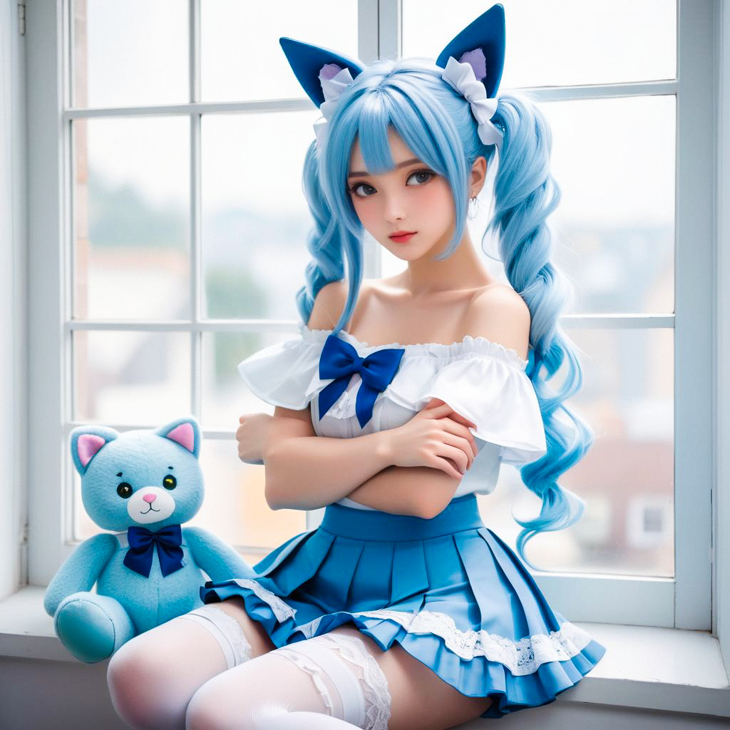 Young Woman in Blue Cat Ear Cosplay with Stuffed Bear