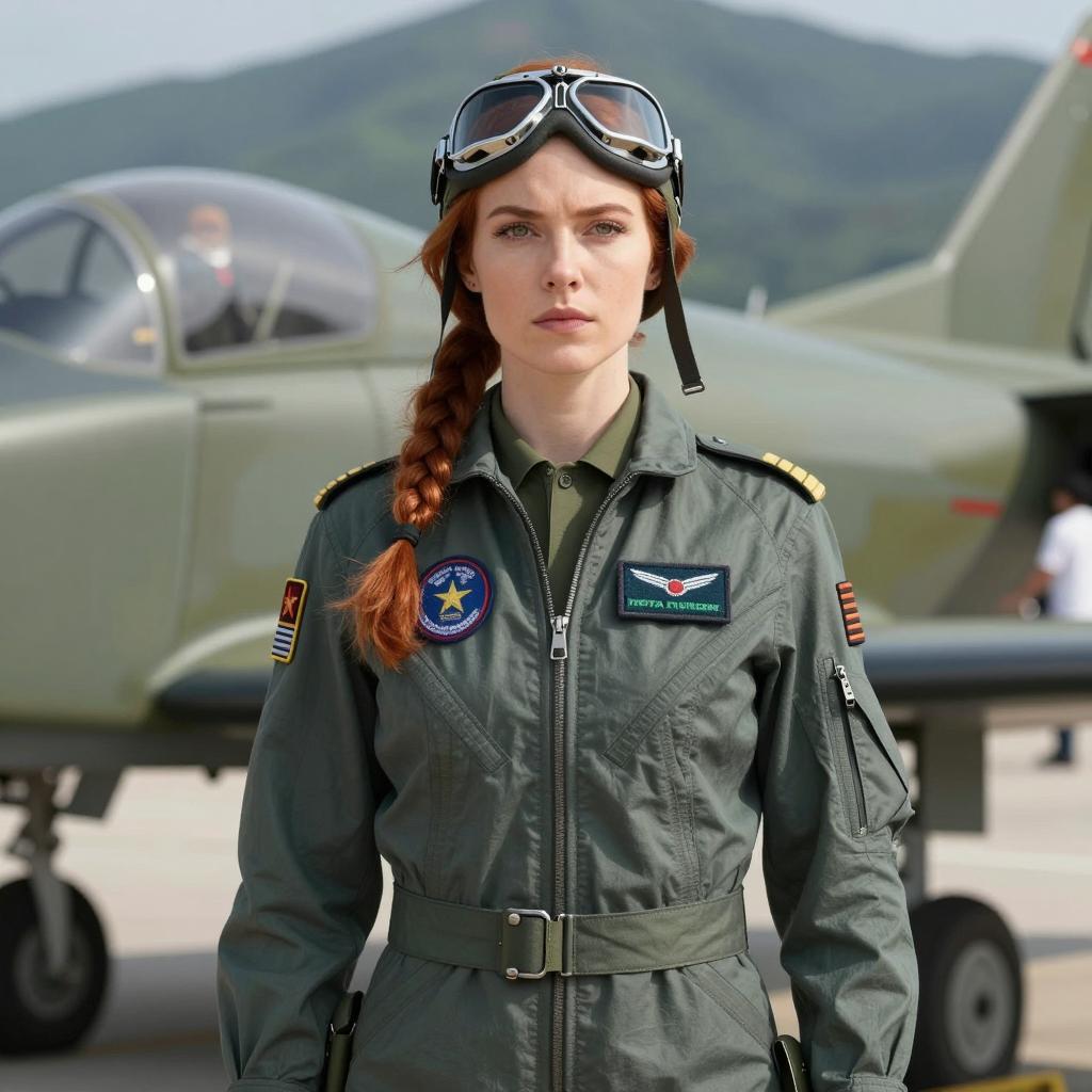 Female Pilot in Flight Suit Standing by Military Aircraft