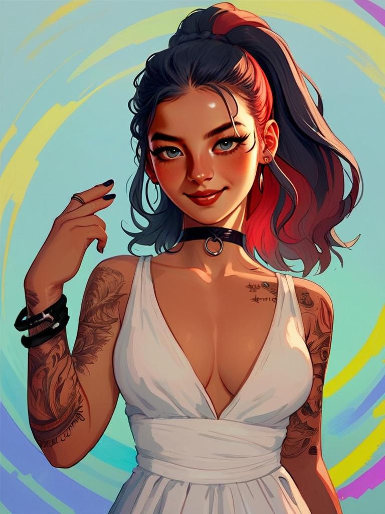 Confident Young Woman in White Dress with Tattoos