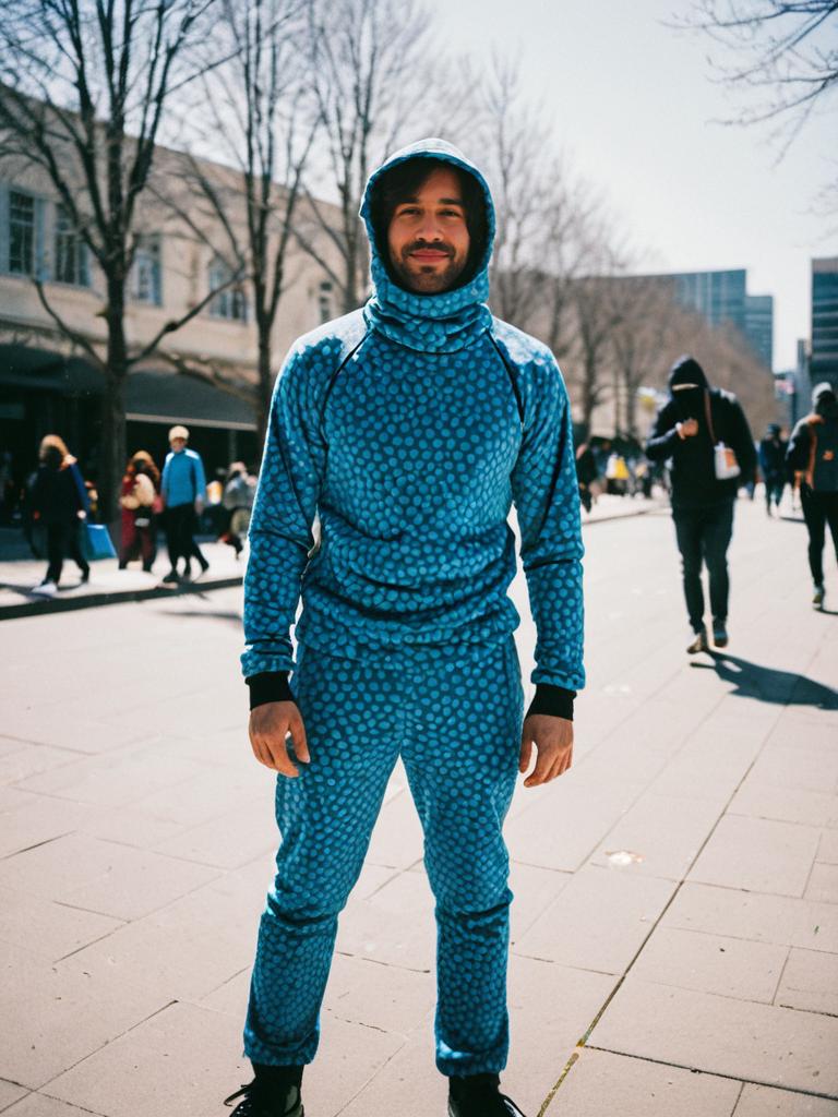 Man in Blue Thermal Underclothes Costume Candid Cosplay Photo Outdoor