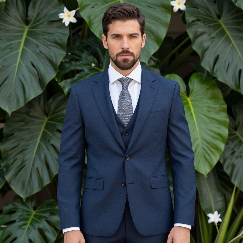 Confident Man in Navy Blue Suit with Tropical Leaf Background