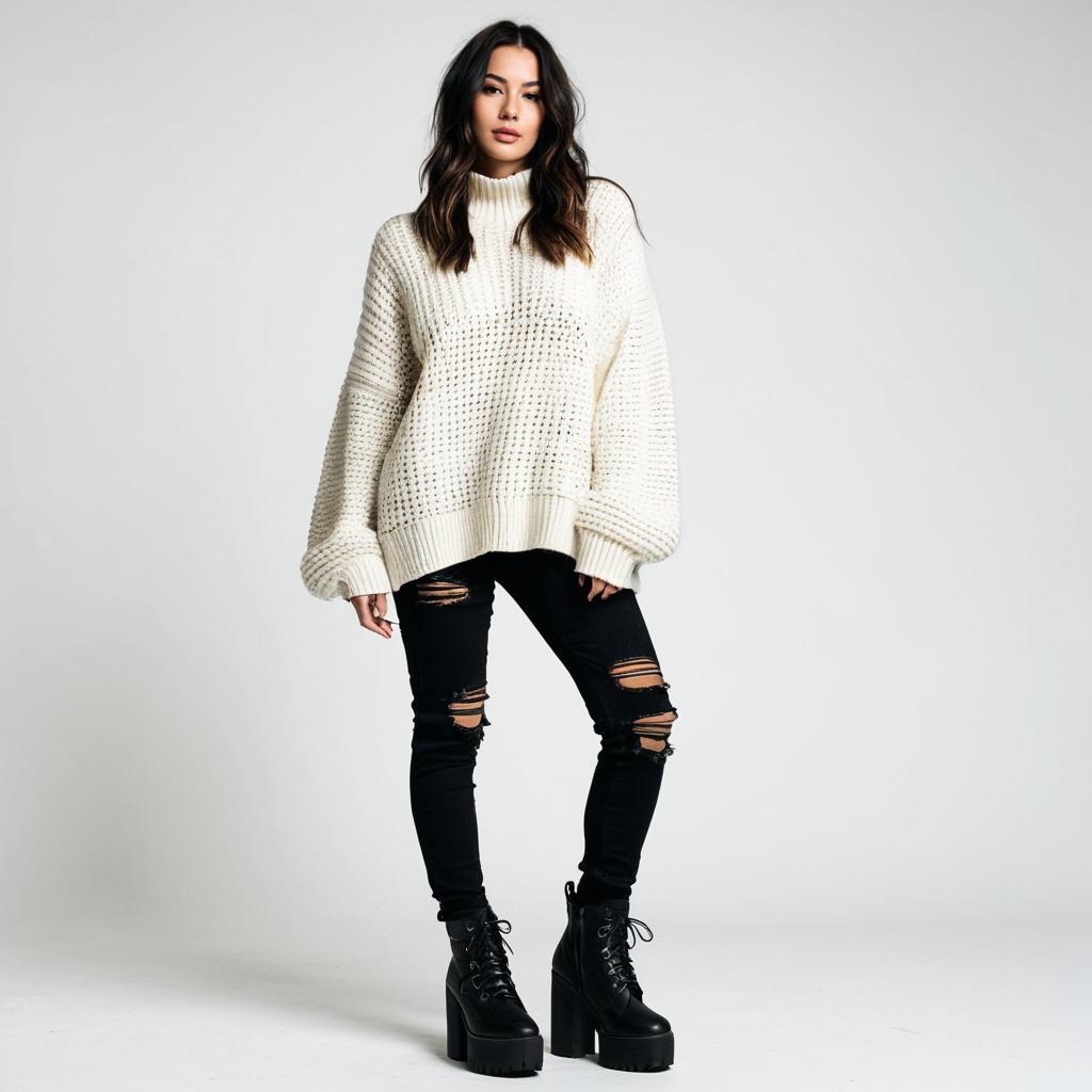 Woman in Chunky Knit Sweater and Ripped Jeans with Platform Boots