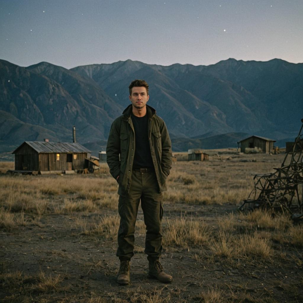 Confident Man in Rural Setting with Mountains